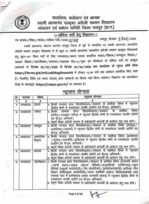 Swami Atmanand School Raipur Vacancy 2026