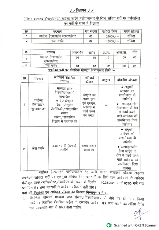 Balodabazar Child Line Vacancy 2026