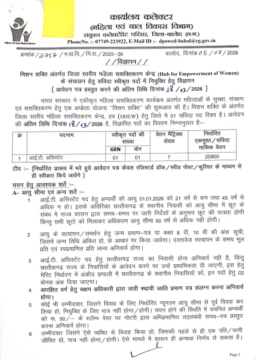 WCD Balod IT Assistant Vacancy 2026