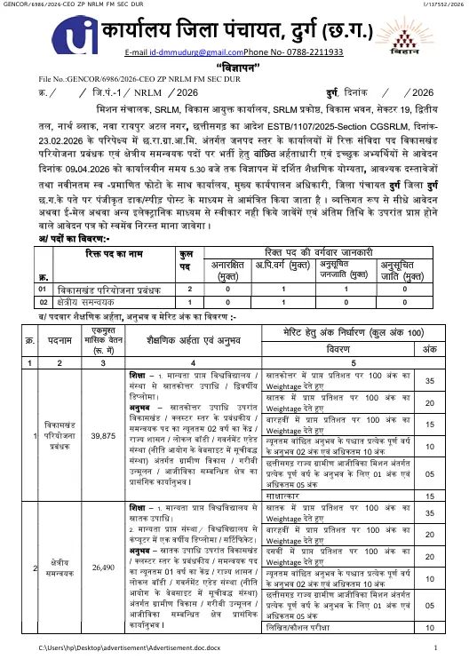 Jila Panchayat Durg Vacancy 2026 